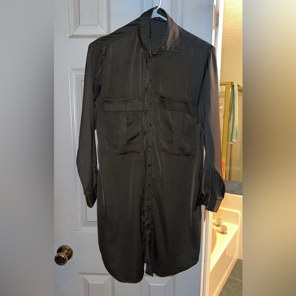Zara satin effect shirt dress, olive green